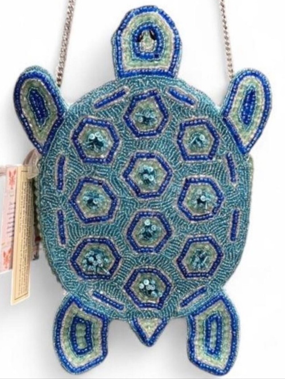 Handcrafted In India Beaded Turtle Crossbody Bag in Teal Aqua and Navy Ma rt eh